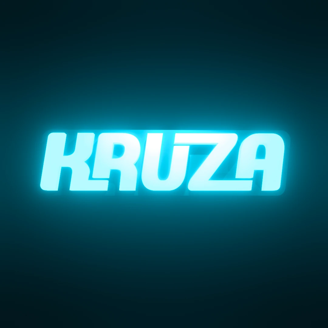 KRUZA three-dimensional glowing blue logo treatment